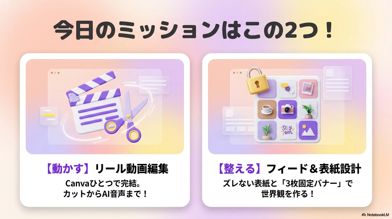 今日のミッション：リール動画編集 ＆ フィード＆表紙設計
