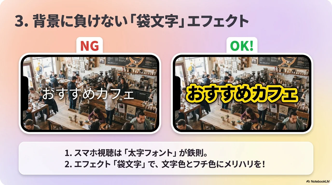 3. 背景に負けない「袋文字」エフェクト
